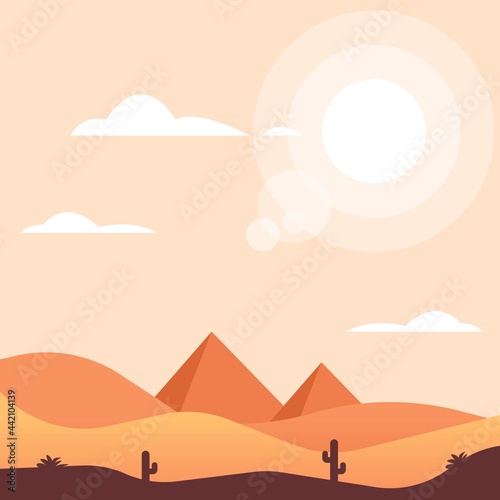 Pyramids in desert flat vector panoramic illustration. Egyptian landscape at daytime cartoon background