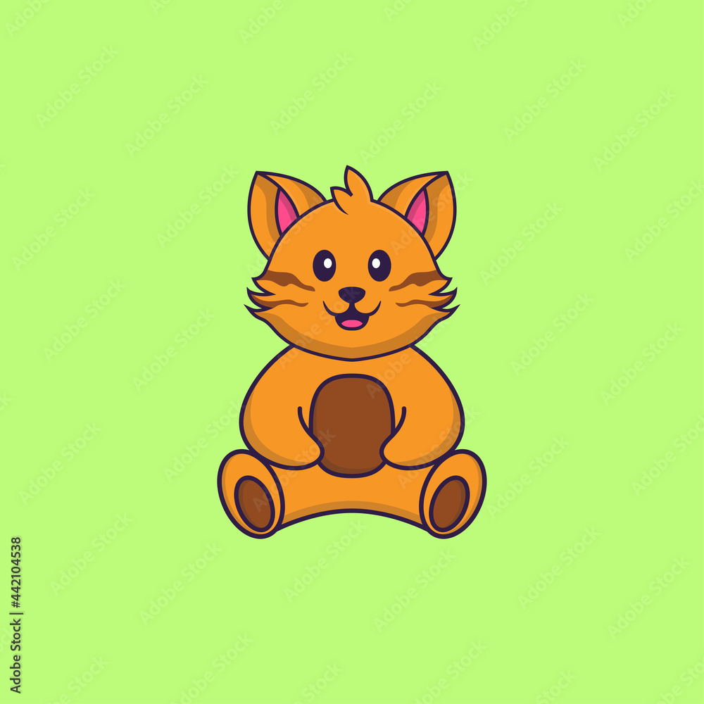 Cute cat is sitting. Animal cartoon concept isolated. Can used for t-shirt, greeting card, invitation card or mascot. Flat Cartoon Style