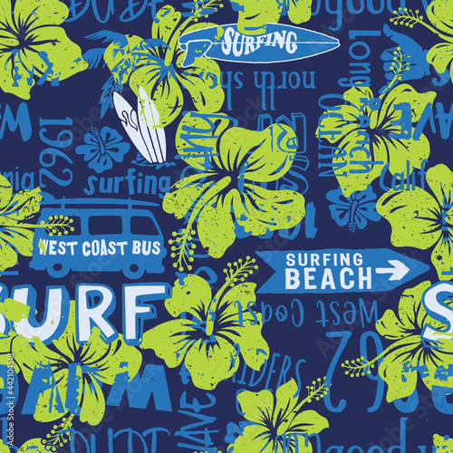 Hibiscus flower and cute surfing elements background vector seamless pattern vintage print for boy clothing fabric beachwear 