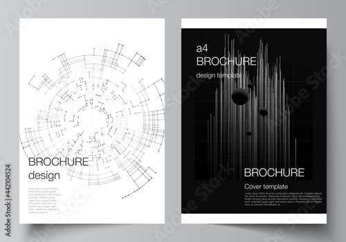 Vector layout of A4 cover design templates for brochure, flyer layout, booklet, cover design, book design. Black color technology background. Digital visualization of science, medicine, tech concept.