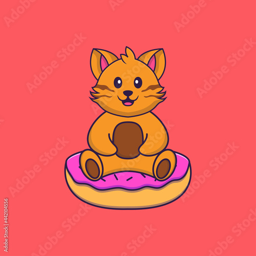 Cute cat is sitting on donuts. Animal cartoon concept isolated. Can used for t-shirt, greeting card, invitation card or mascot. Flat Cartoon Style