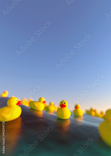 Fotografie Collection of toy rubber ducks floating on the ocean happy 3d render