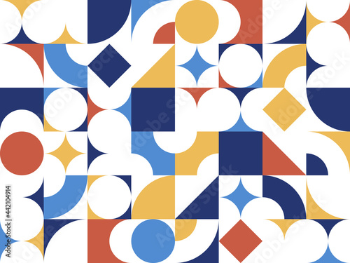 Geometric abstract seamless pattern with colorful simple elements of geometry, wallpaper background in retro 70s style, Bauhaus constructive style tiles.