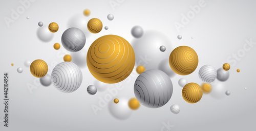 Realistic lined spheres vector illustration, abstract background with beautiful balls with lines and depth of field effect, 3D globes design concept art.