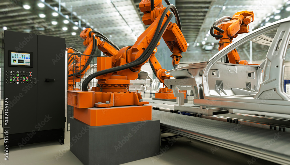 Modern car production line with robotic arms welding components 3d render