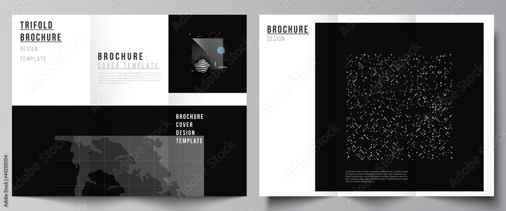 Vector layouts of covers templates for trifold brochure, flyer layout, book design, brochure cover. Abstract technology black color science background. Digital data. Minimalist high tech concept.