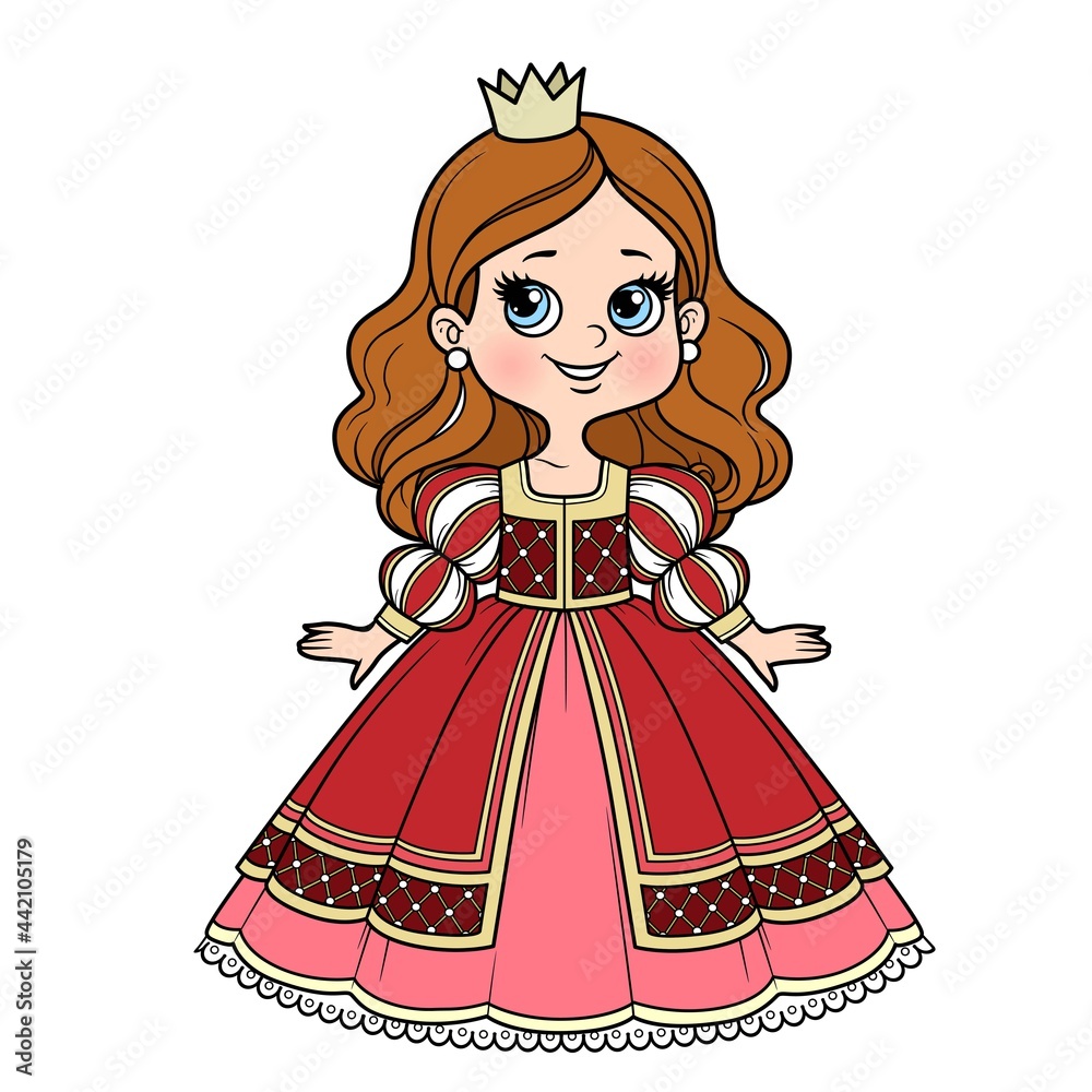 Fototapeta premium Cute cartoon princess girl in ball gown with lush skirt and little crown color variation for coloring page on a white background