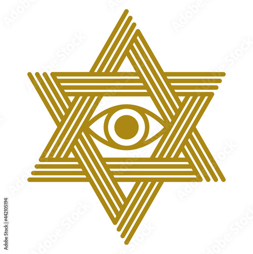 All seeing eye in star of David vector ancient symbol in modern linear style isolated on white, eye of god, masonic sign, secret knowledge illuminati.