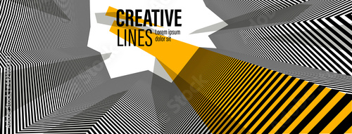 Abstract vector 3D lines with yellow elements background, black and white linear perspective dimensional optical pattern.