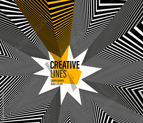 Abstract vector 3D lines with yellow elements background, black and white linear perspective dimensional optical pattern.