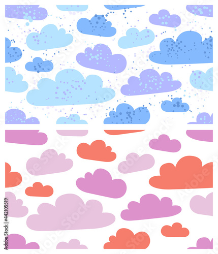 Clouds seamless vector wallpaper set, endless background pattern with cloudy sky, dreaming fluffy cloudscape theme.