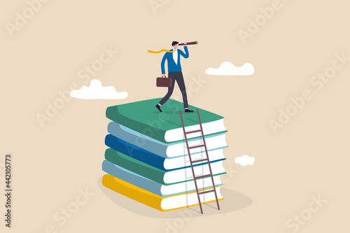 Business skills for career opportunity, knowledge or education for future job, challenge and personal improvement, reading list concept, businessman climb up ladder on books stack for good vision.