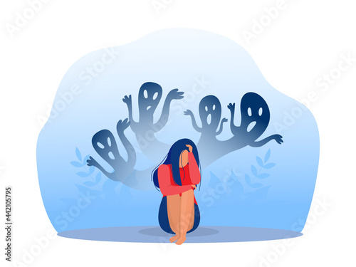 Depressed girl with anxiety and scary fantasies feeling sorrow,fears, sadness vector illustration