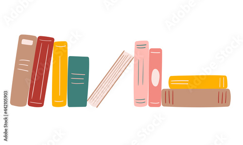 Stack of books vector illustration. Home library collection in doodle style. Colorful hand drawn textbooks