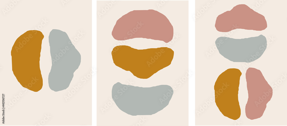 Collection of artistic modern minimalist illustrations: abstraction with geometric shapes (tangerine or orange slices) on beige background