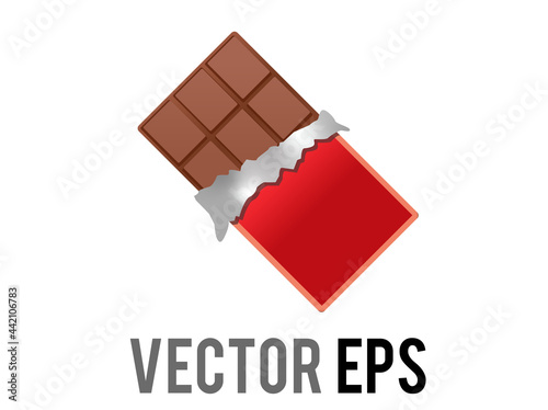Vector brown block of dark chocolate bar icon with red packaging