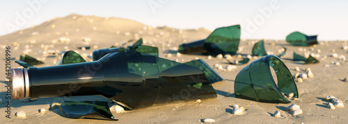 Broken glass bottles on the beach concept 3d render