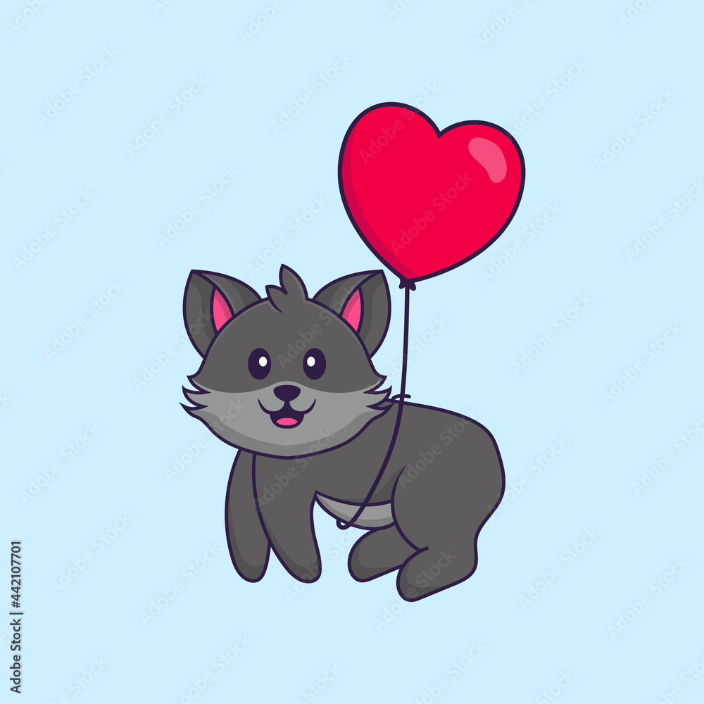 Cute cat flying with love shaped balloons. Animal cartoon concept isolated. Can used for t-shirt, greeting card, invitation card or mascot. Flat Cartoon Style