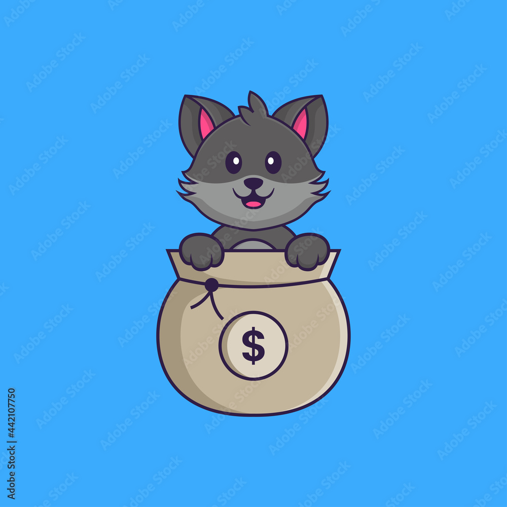 Fototapeta premium Cute cat playing in money bag. Animal cartoon concept isolated. Can used for t-shirt, greeting card, invitation card or mascot. Flat Cartoon Style