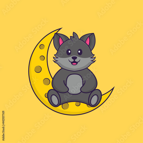 Cute cat is sitting on the moon. Animal cartoon concept isolated. Can used for t-shirt, greeting card, invitation card or mascot. Flat Cartoon Style