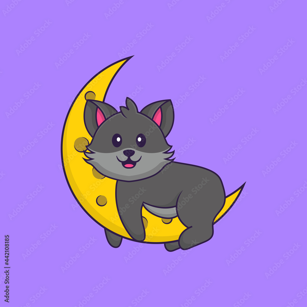 Obraz premium Cute cat is on the moon. Animal cartoon concept isolated. Can used for t-shirt, greeting card, invitation card or mascot. Flat Cartoon Style