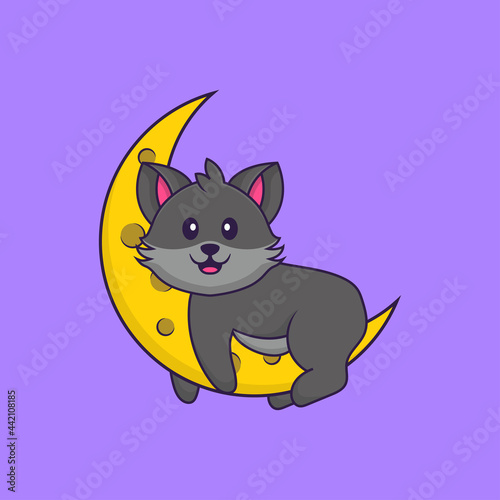 Cute cat is on the moon. Animal cartoon concept isolated. Can used for t-shirt, greeting card, invitation card or mascot. Flat Cartoon Style