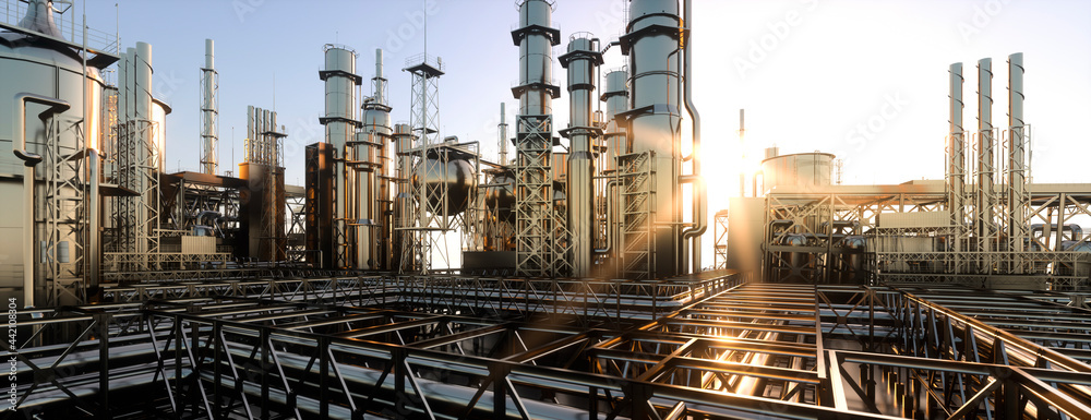large oil refinery plant at sunrise on a clear day 3d render large oil refinery plant at sunrise on a clear day 3d render