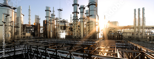 large oil refinery plant at sunrise on a clear day 3d render photo