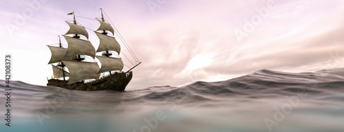 Large pirate ship panoramic at sunset on a clear day 3d render