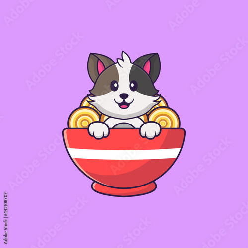 Cute cat eating ramen noodles. Animal cartoon concept isolated. Can used for t-shirt, greeting card, invitation card or mascot. Flat Cartoon Style