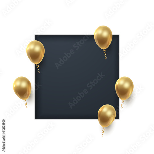 Poster witn realistic golden ballons, ribbons, serpentine, confetti and black paper cut square. Vector illustration for card, party, design, flyer, poster, decor, banner, web, advertising. 