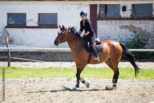 Girl with helmeth in black gallops on horseback © Geza Farkas