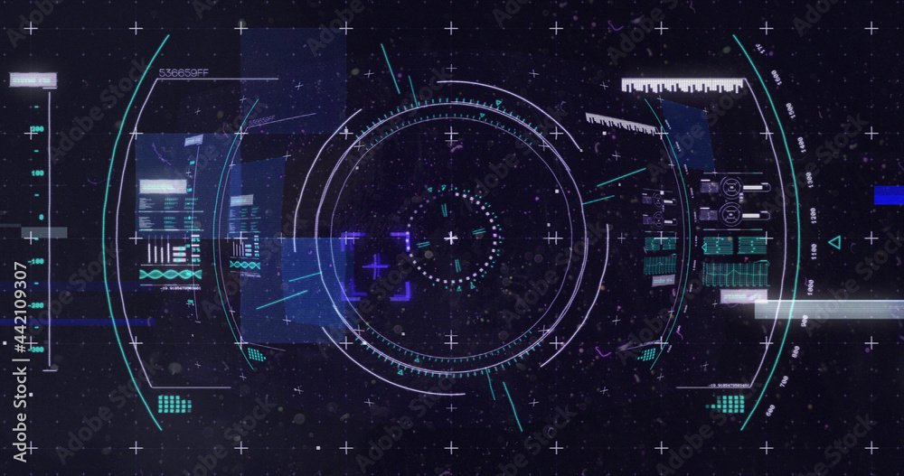 Image of scope scanning and data processing on purple background Image of scope scanning and data processing on purple background