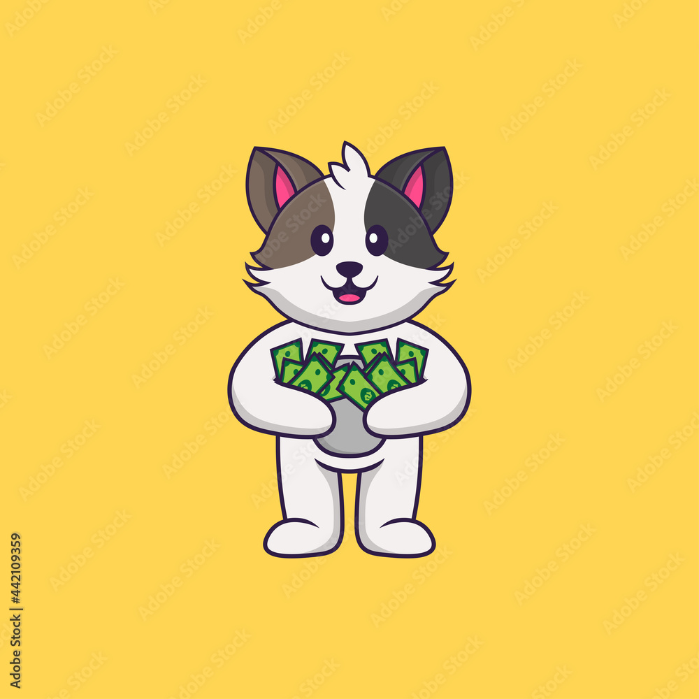 Cute cat holding money. Animal cartoon concept isolated. Can used for t-shirt, greeting card, invitation card or mascot. Flat Cartoon Style
