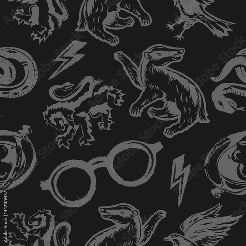 Abstract Cartoon animals and others object seamless vector pattern. Design for use background  textile  fabric  wrapping paper and others. Vector art illustration isolated on black.