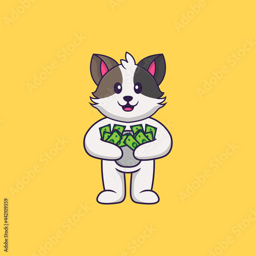 Cute cat holding money. Animal cartoon concept isolated. Can used for t-shirt, greeting card, invitation card or mascot. Flat Cartoon Style