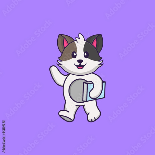 Cute cat holding a book. Animal cartoon concept isolated. Can used for t-shirt, greeting card, invitation card or mascot. Flat Cartoon Style