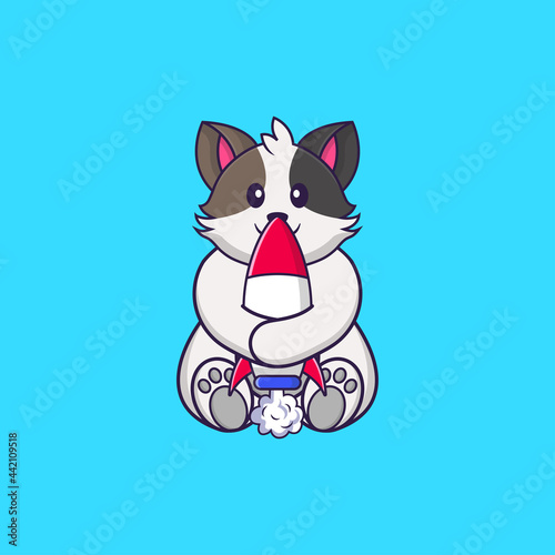 Cute cat holding a rocket. Animal cartoon concept isolated. Can used for t-shirt, greeting card, invitation card or mascot. Flat Cartoon Style