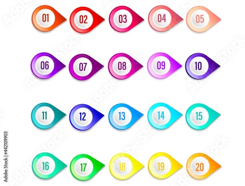 Set of 20 markers, pointers. Infographic icon. Indicator points, positioning pin. Collection of colorful pins,
symbols on a white background Markers with numbers from 1 to 20. Vector illustration.
