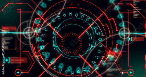 Image of scope scanning and data processing on dark green background © vectorfusionart