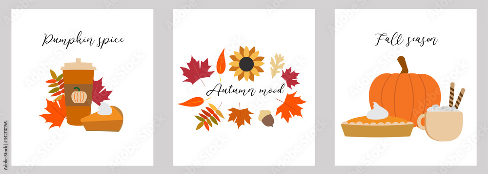 Set of autumn card templates. Vector illustrations. Pumpkin latte cup, fall leaves, pumpkin, pie, isolated on white background. Fall food.