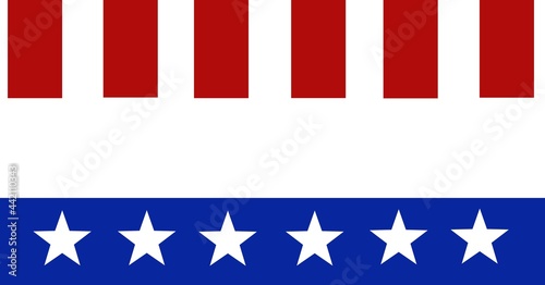 Composition of blue band with white stars below red stripes of american flag with copy space between