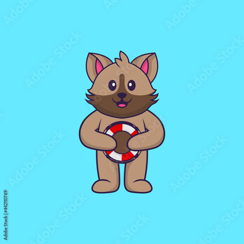 Cute cat holding a buoy. Animal cartoon concept isolated. Can used for t-shirt, greeting card, invitation card or mascot. Flat Cartoon Style
