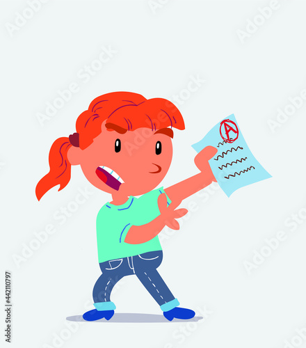 cartoon character of little girl on jeans arguing effusively with exam in hand.