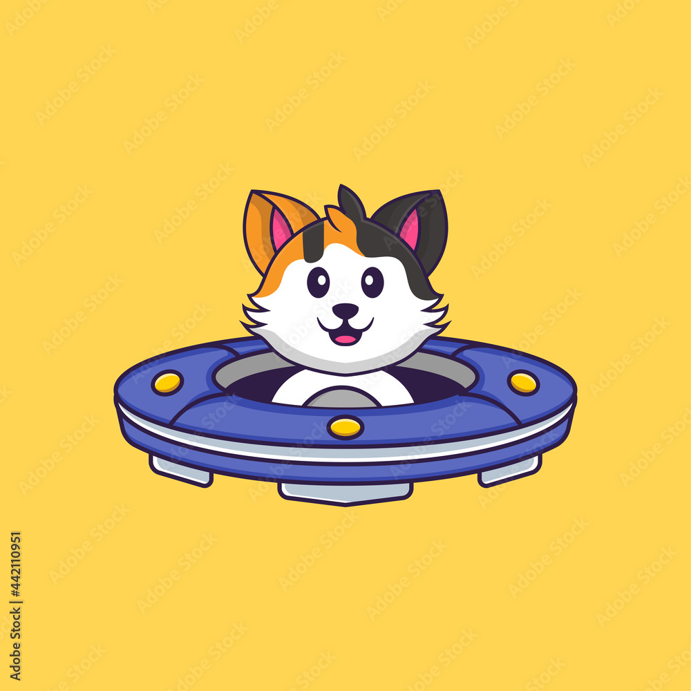 Cute cat Driving Spaceship Ufo. Animal cartoon concept isolated. Can used for t-shirt, greeting card, invitation card or mascot. Flat Cartoon Style
