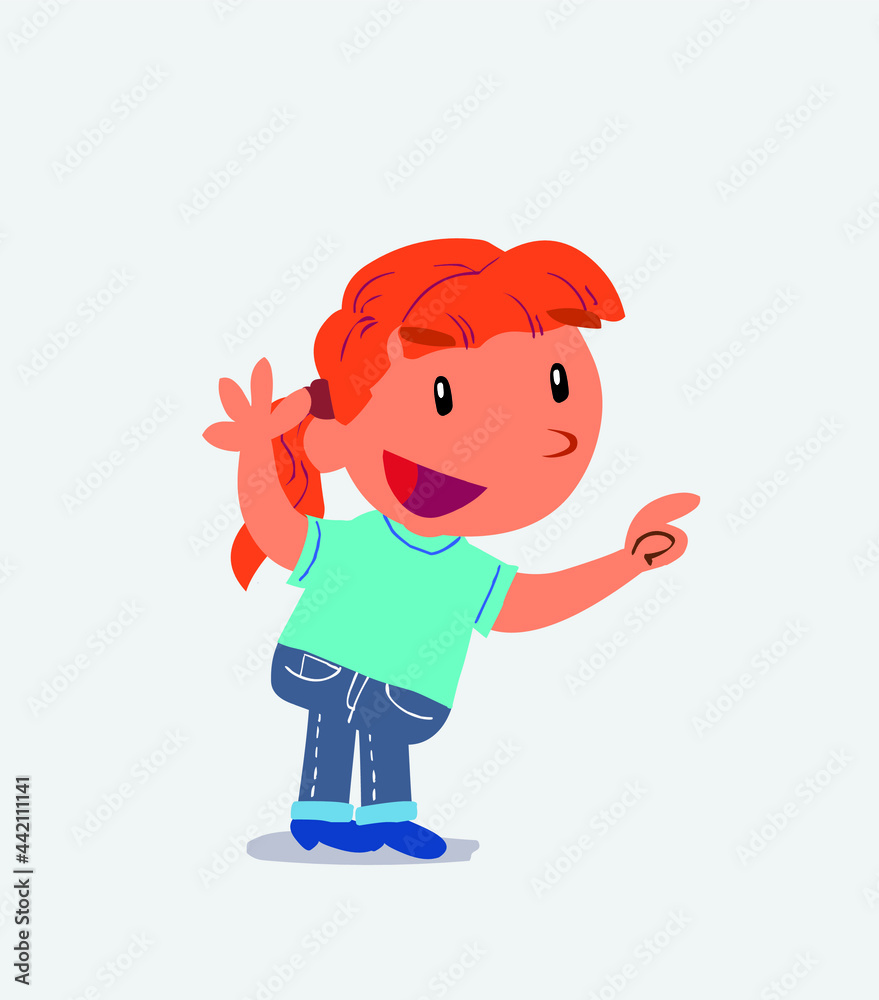 cartoon character of little girl on jeans pointing while arguing