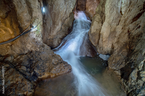 Stunning view waterfall of Stopica cave in Zaltibor  Serbia.