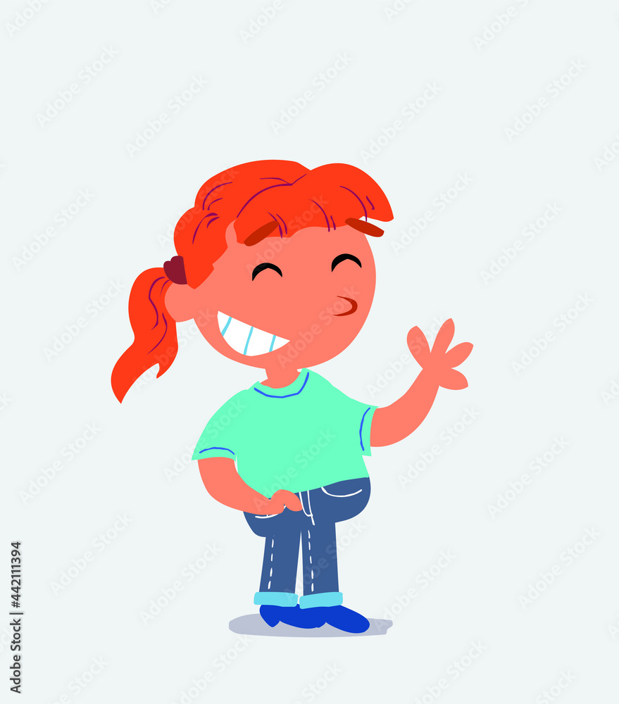 cartoon character of little girl on jeans waving informally while laughing