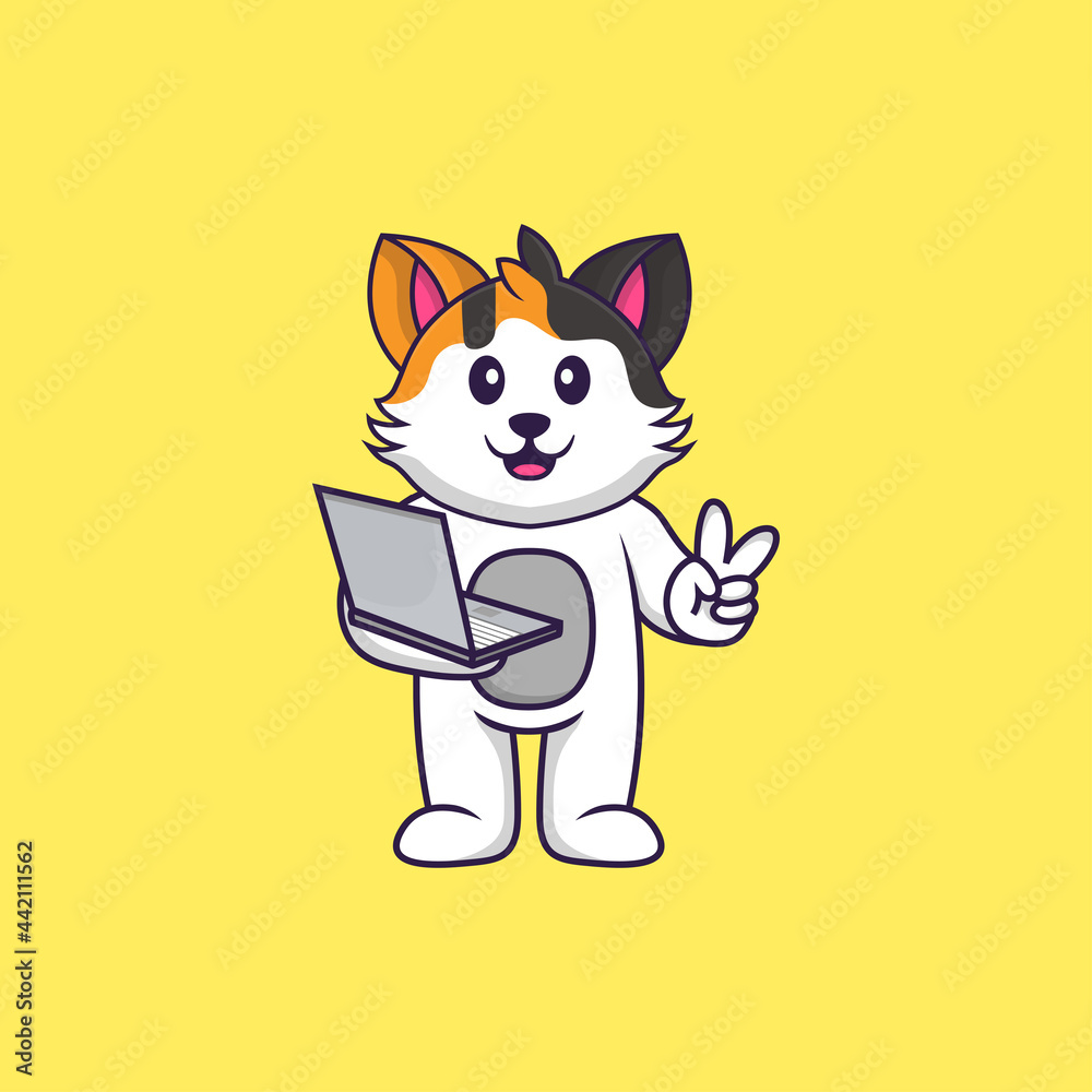 Fototapeta premium Cute cat holding laptop. Animal cartoon concept isolated. Can used for t-shirt, greeting card, invitation card or mascot. Flat Cartoon Style