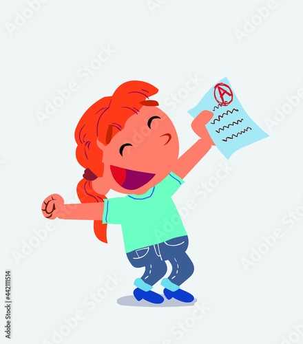 euphoric cartoon character of little girl on jeans raises his arms with exam in hand